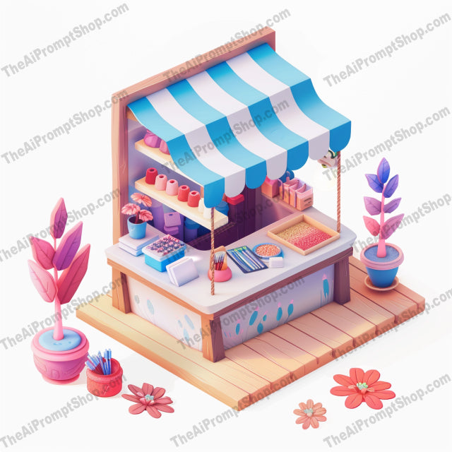 Charming Market Stalls AI MidJourney Image Prompt, 9459 Isometrics & Icons, midjourney, market, stall, illustration, colorful, whimsical, detailed, creative, products, charming, art, digital, outdoor, vendors, shops, fruit, vegetables, books, toys, stationery, flowers, Midjourney, Ai, Ai Image Prompt, Image Prompt, Prompt