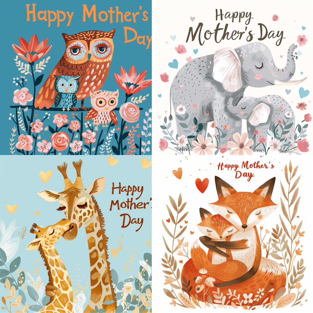Sweet Mother's Day Animal Illustrations AI MidJourney Image Prompt, 8050adorable animals, animal lovers art, celebration art, cheerful decor, cute animal cards, cute animal gifts, cute animal illustrations, elephant art, family love art, floral illustrations, floral Mother's Day, happy Mother's Day design, heartwarming illustrations, koala art, midjourney, Mother's Day art, Mother's Day decor, Mother's Day wall art, panda art, whimsical animal art