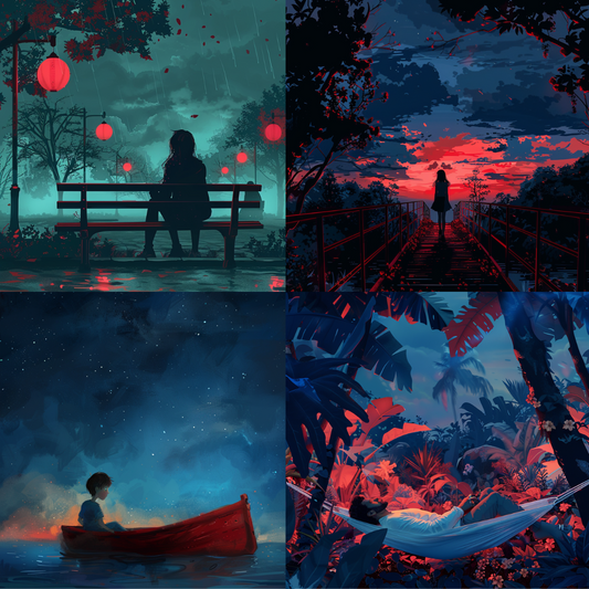 AI MidJourney Image Prompt, Twilight Hues and Nighttime Moods, 4959chat gpt, chat gpt prompts, chatgpt, chatgpt prompts, Contemplative nightfall, Dusk on the horizon, Evening introspection, midjourney, Midnight dreamscape, Nocturnal calm, Serene canoe reflections, Solitary escape, Starlit serenity, Storybook Illustrations, Twilight tranquility