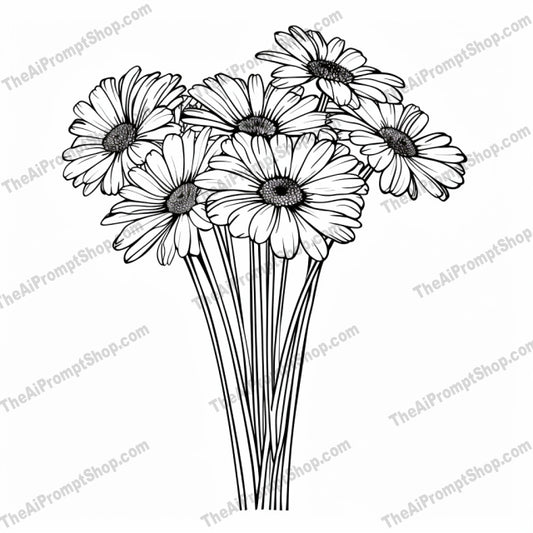 Elegant Flower Bouquet Illustration AI MidJourney Image Prompt, 8182aesthetic, artistic, black and white, botanical, bouquet, classic, daisies, decorative, detailed, elegant, flower illustration, lilies, line workmidjourney, nature, pen and ink, roses, sketch, timeless, tulips