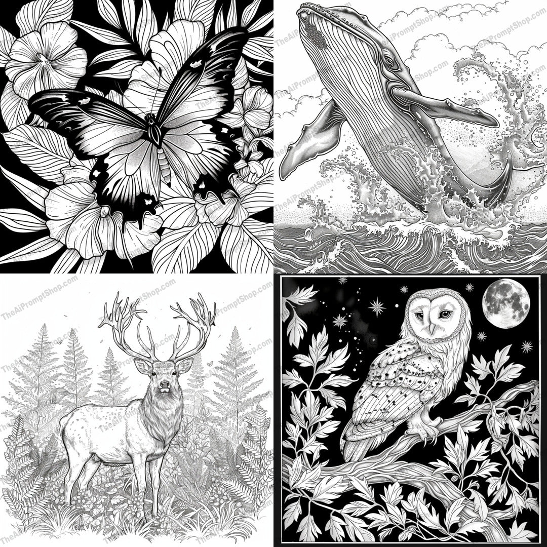 Intricate Black and White Nature Illustrations AI MidJourney Image Prompt, 9332 Landscapes & Paintings, midjourney, black and white, nature, illustration, detailed, whale, butterfly, owl, deer, floral, serene, artistic, drawing, wildlife, flora, fauna, monochrome, sketch, line work, shading, ink, Midjourney, Ai, Ai Image Prompt, Image Prompt, Prompt