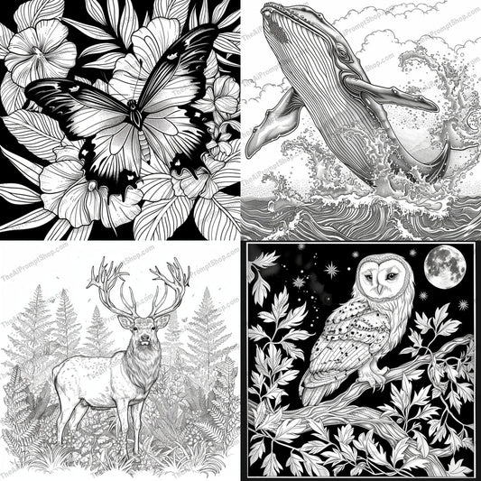 Intricate Black and White Nature Illustrations AI MidJourney Image Prompt, 9332 Landscapes & Paintings, midjourney, black and white, nature, illustration, detailed, whale, butterfly, owl, deer, floral, serene, artistic, drawing, wildlife, flora, fauna, monochrome, sketch, line work, shading, ink, Midjourney, Ai, Ai Image Prompt, Image Prompt, Prompt