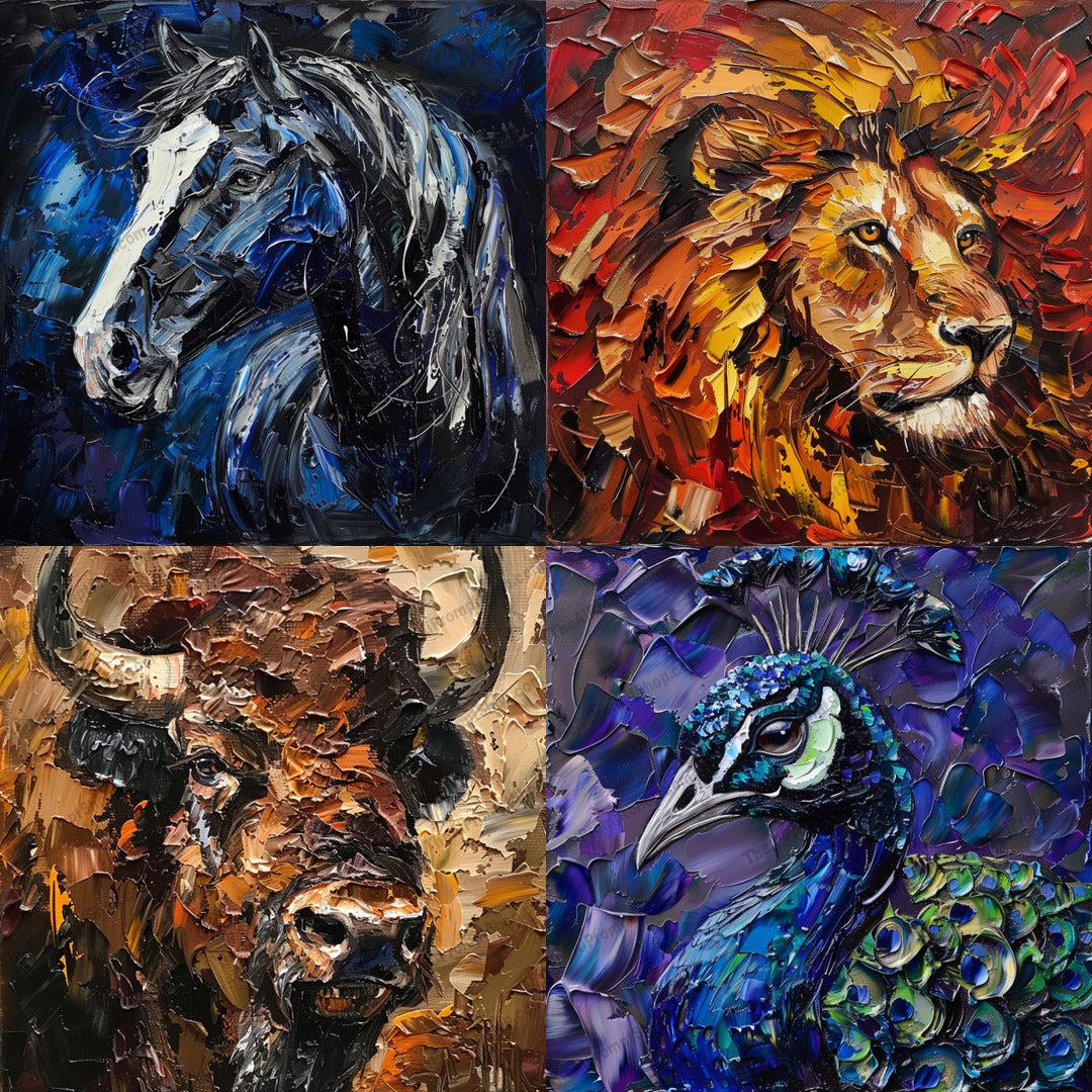 Vibrant Animal Portraits AI MidJourney Image Prompt, 8770 Animals, midjourney, animal art, impasto painting, vibrant colors, expressive brush strokes, horse painting, lion painting, bison painting, peacock painting, wildlife art, nature portraits, fine art, colorful animals, modern art, artistic, pet portraits, textured art, wild animals, majestic creatures, animal faces, bold colors, Midjourney, Ai, Ai Image Prompt, Image Prompt, Prompt