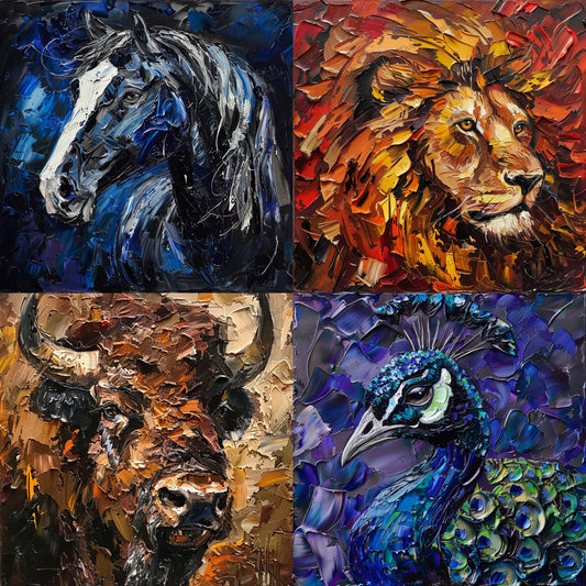 Vibrant Animal Portraits AI MidJourney Image Prompt, 8770 Animals, midjourney, animal art, impasto painting, vibrant colors, expressive brush strokes, horse painting, lion painting, bison painting, peacock painting, wildlife art, nature portraits, fine art, colorful animals, modern art, artistic, pet portraits, textured art, wild animals, majestic creatures, animal faces, bold colors, Midjourney, Ai, Ai Image Prompt, Image Prompt, Prompt