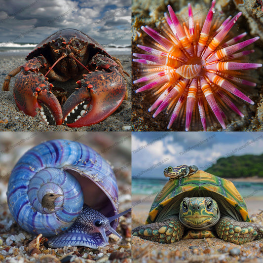Detailed Animal Portraits AI MidJourney Image Prompt, 9302 Animals, midjourney, animal portraits, sea creatures, land creatures, detailed textures, vivid colors, natural forms, realistic depiction, crab, sea urchin, snail, turtle, close-up, nature, wildlife, marine life, terrestrial life, detailed photography, high resolution, unique animals, colorful creatures, Midjourney, Ai, Ai Image Prompt, Image Prompt, Prompt