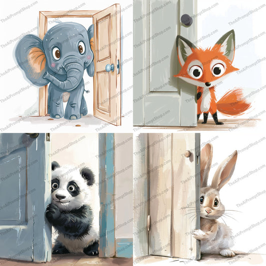 Adorable Forest Animals Peeking AI MidJourney Image Prompt, 9546 Storybook Illustrations, midjourney, forest animals, cute animals, digital illustration, whimsical art, woodland creatures, peeking animals, heartwarming illustration, charming style, playful design, kids art, adorable creatures, fox illustration, elephant illustration, rabbit illustration, door, curious animals, animal characters, children's book art, storybook illustration, cartoon style, Midjourney, Ai, Ai Image Prompt, Image Prompt, Prompt