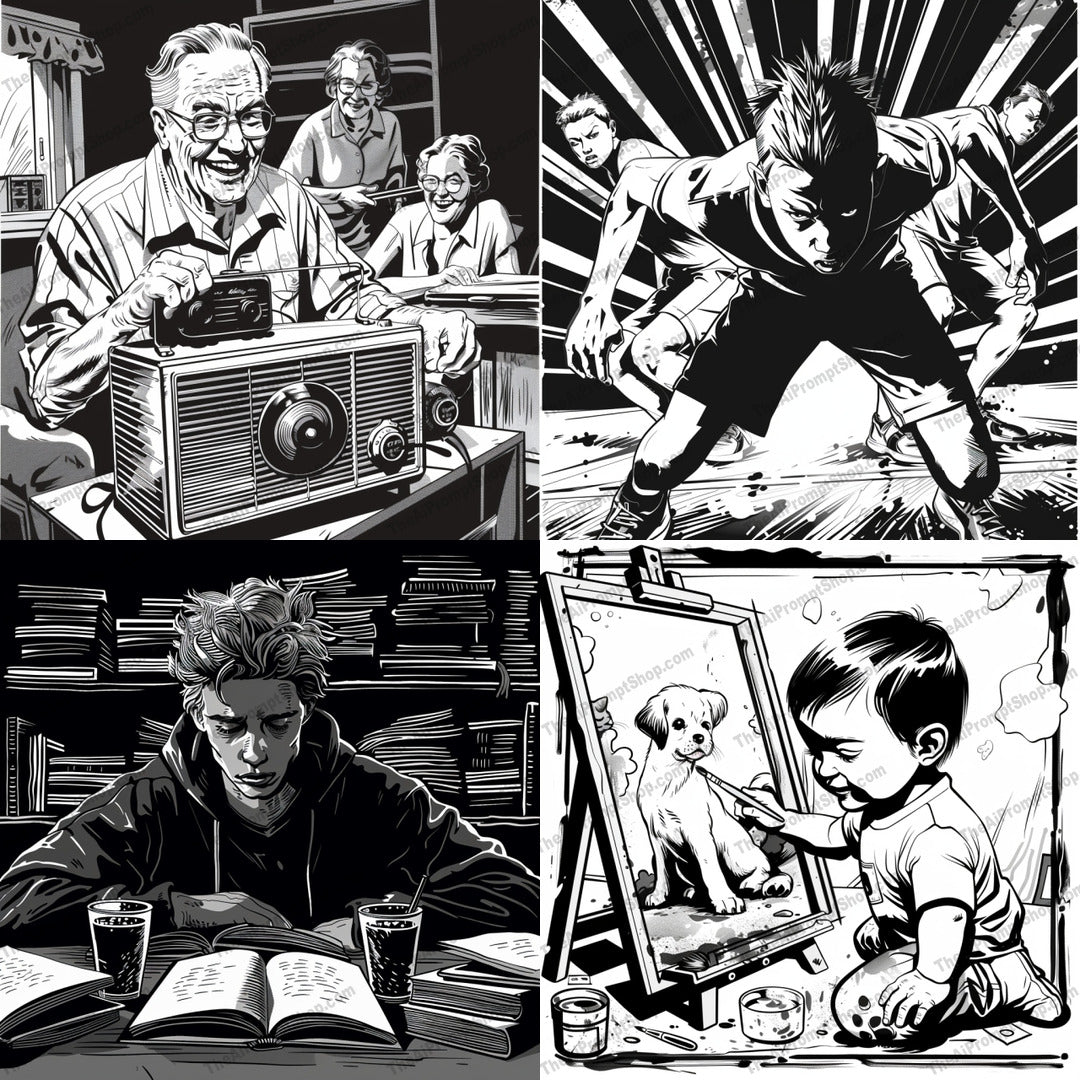 Dynamic Black & White Illustrations AI MidJourney Image Prompt, 9536 Storybook Illustrations, midjourney, black and white, illustration, dynamic, dramatic, nostalgia, action, learning, creative, artistic, monochrome, contrast, retro, vintage, study, child, painting, radio, running, sport, books, reading, Midjourney, Ai, Ai Image Prompt, Image Prompt, Prompt