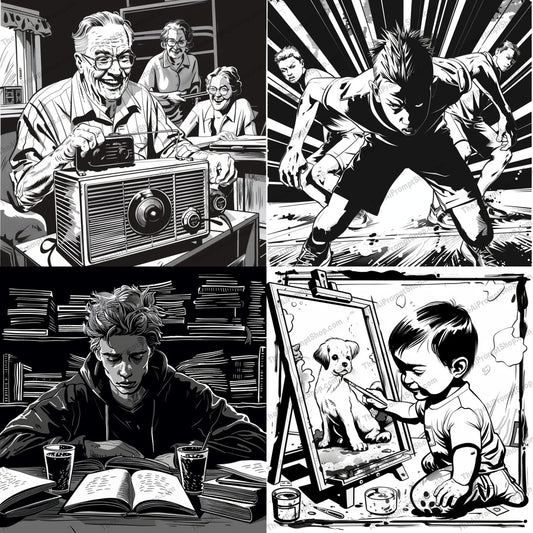 Dynamic Black & White Illustrations AI MidJourney Image Prompt, 9536 Storybook Illustrations, midjourney, black and white, illustration, dynamic, dramatic, nostalgia, action, learning, creative, artistic, monochrome, contrast, retro, vintage, study, child, painting, radio, running, sport, books, reading, Midjourney, Ai, Ai Image Prompt, Image Prompt, Prompt