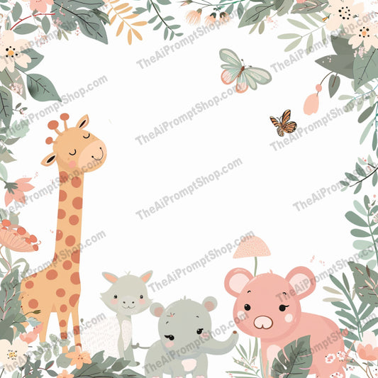 Cute Giraffe and Animal Friends AI MidJourney Image Prompt, 9482 Mockups - Products, midjourney, cute animals, giraffe, mouse, children's illustration, whimsical, friendly, foliage, flowers, kids decor, nursery art, playful design, animal friends, baby animals, cartoon style, adorable, pastel colors, nature, woodland creatures, childhood, illustration, Midjourney, Ai, Ai Image Prompt, Image Prompt, Prompt