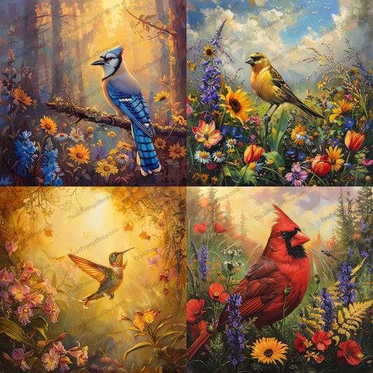Vibrant Birds in Nature AI MidJourney Image Prompt, 8980 Animals, midjourney, bird, nature, colorful, vibrant, wildlife, feather, flora, forest, garden, spring, summer, art, painting, detailed, beautiful, natural, serene, peaceful, elegant, majestic, Midjourney, Ai, Ai Image Prompt, Image Prompt, Prompt