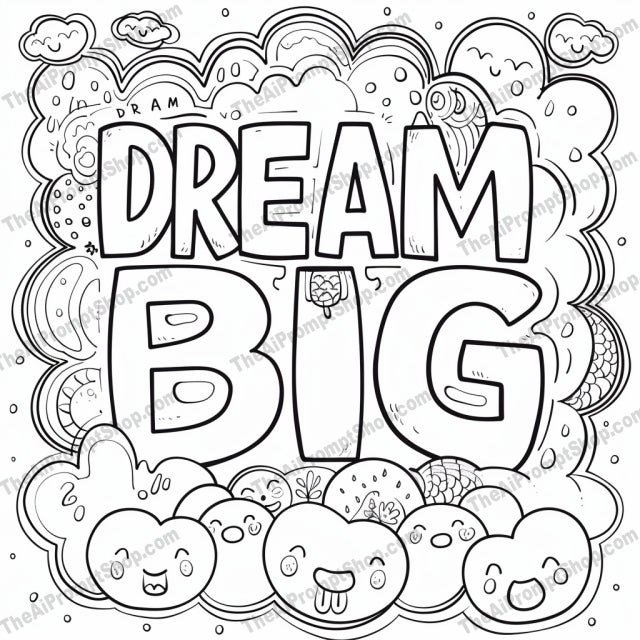 Inspirational Coloring Page AI MidJourney Image Prompt, 9357 Coloring Pages, midjourney, coloring page, inspirational quotes, black and white, doodles, Stay Happy, Dream Big, Be Brave, Love Always, flowers, stars, hearts, cute characters, uplifting, creative, DIY, craft, motivation, positive messages, art therapy, kids activity, Midjourney, Ai, Ai Image Prompt, Image Prompt, Prompt