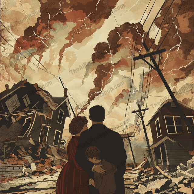 Dramatic Illustrated Cataclysms AI MidJourney Image Prompt, 8192bold colors, cityscape, destructionmidjourney, disaster, dramatic illustrated cataclysm, dynamic composition, emotional impact, explosion, family, human adversity, intense artwork, nature, nature's fury, single image, soldier, storm, war