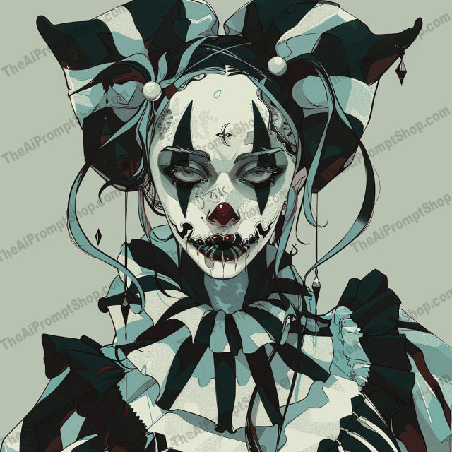 AI MidJourney Image Prompt, Monochrome Masquerade, 4875Bizarre harlequins, Black and white clowns, chat gpt, chat gpt prompts, chatgpt, chatgpt prompts, Clown phobias, Creepy clowns, Dark carnival, Dramatic expressions, Eerie entertainers, Face paint fears, Gothic jesters, Grayscale art, Grotesque mimics, Haunting harlequins, Macabre mimes, midjourney, Monochromatic madness, Scary, Sinister circus, Surreal performers