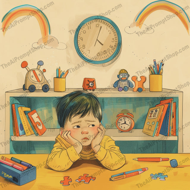 Whimsical Study Moments AI MidJourney Image Prompt, 9469 Anime, midjourney, whimsical, study, serene, characters, nostalgic, environment, mellow colors, tranquil, imaginative, desks, books, stationery, clock, interior, shelves, window, mountain view, desk setup, toys, reading, learning, Midjourney, Ai, Ai Image Prompt, Image Prompt, Prompt