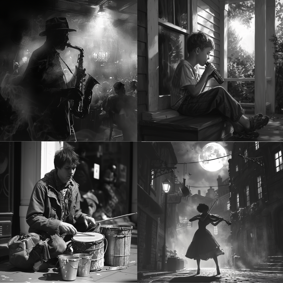 AI MidJourney Image Prompt, People, 4156Artistic shadows, Black and white photography, Candid moments, chat gpt, chat gpt prompts, chatgpt, chatgpt prompts, High contrast imagery, midjourney, Moonlit serenade, Musical narrative, Natural lighting, Nighttime ambiance, Outdoor acoustics, Silhouette drama, Street performance, Textural contrast, Urban scene, Urban storytelling, Vintage charm