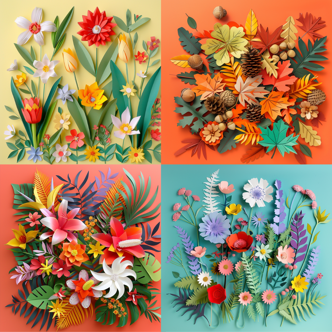 Vibrant Paper Art Creations AI MidJourney Image Prompt, 80233D art, artistic, butterflies, craftsmanship, creative, design, detailed, fruits, handmade, intricate, midjourney, nature, paper art, seashells, tropical, tropical flowers