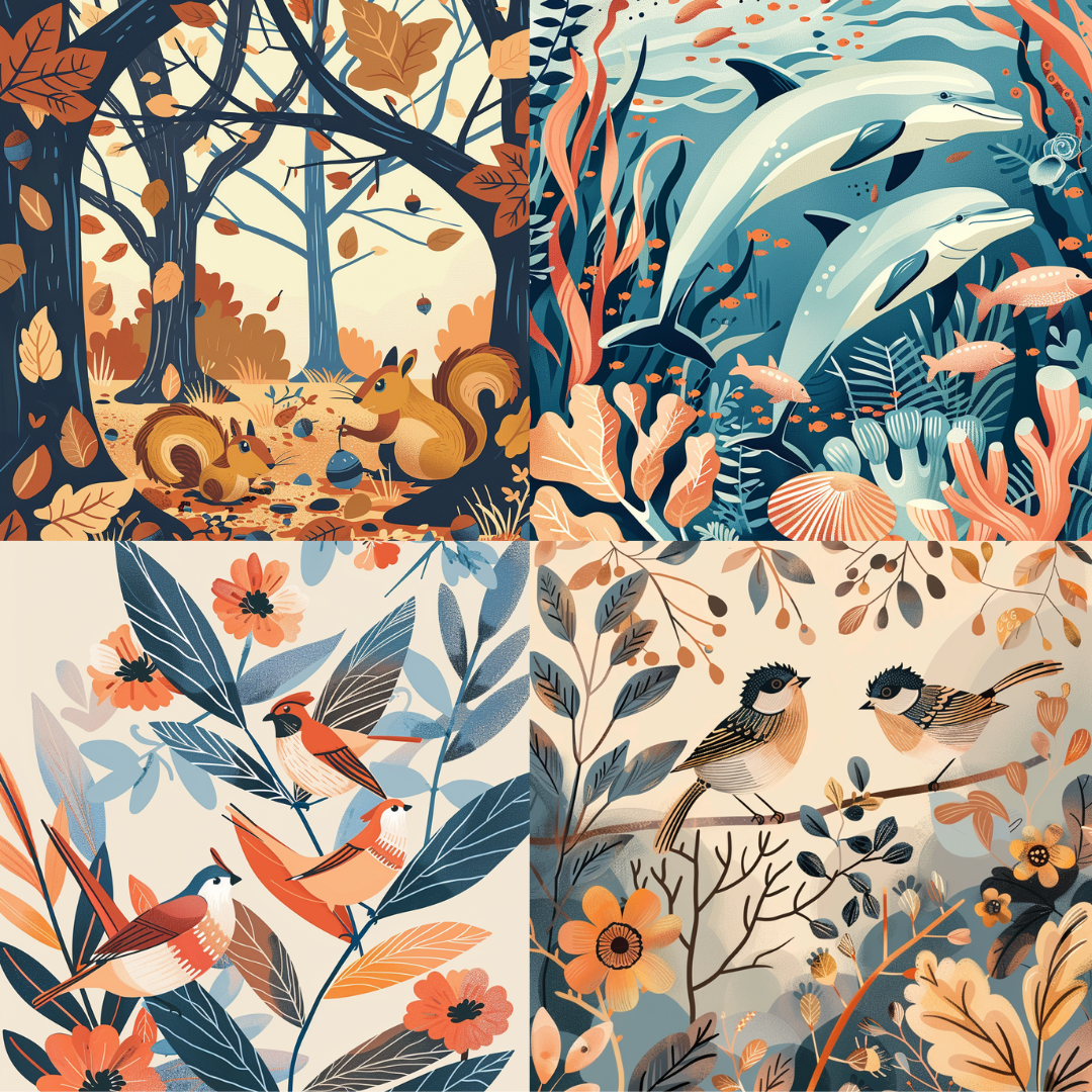 Seasonal nature quartet in a colorful style created from an AI image prompt.