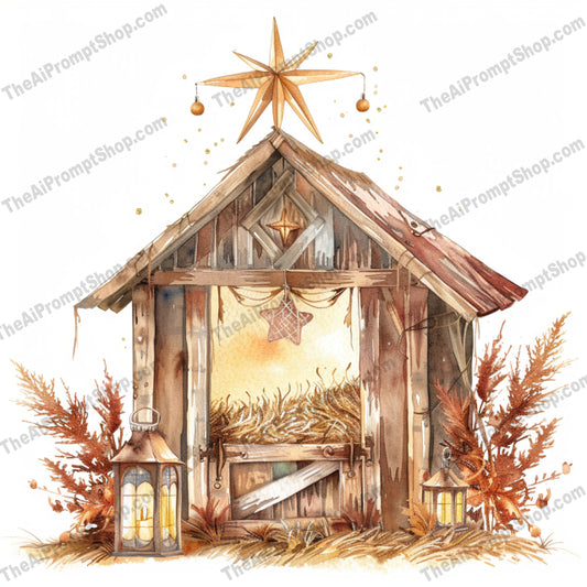 Rustic Christmas Scenes AI MidJourney Image Prompt, 9190 Holidays, midjourney, Rustic Christmas, holiday scene, wooden cabin, nativity scene, festive, rustic, cozy, warm tones, decorative, pine trees, snow, lanterns, angels, barn, star, traditional, winter, countryside, holiday decor, Christmas decorations, Midjourney, Ai, Ai Image Prompt, Image Prompt, Prompt