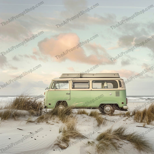 Retro Beach Vans AI MidJourney Image Prompt, 9098 Animation & Cartoons, midjourney, retro van, vintage car, beach scene, pastel colors, classic vehicle, vintage aesthetic, serene beach, travel, nostalgia, beach vibes, old-fashioned van, coastal, retro vibes, classic design, vintage travel, summer, outdoor adventure, beach getaway, retro style, scenic view, Midjourney, Ai, Ai Image Prompt, Image Prompt, Prompt