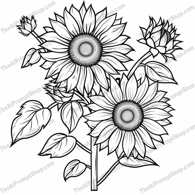 Elegant Flower Bouquet Line Art AI MidJourney Image Prompt, 8189art, black and white, botanical, classic, daisies, detailed, drawing, elegant, floral design, flower bouquet line art, illustration, leavesmidjourney, lilies, nature, petals, roses, sketch, sunflowers