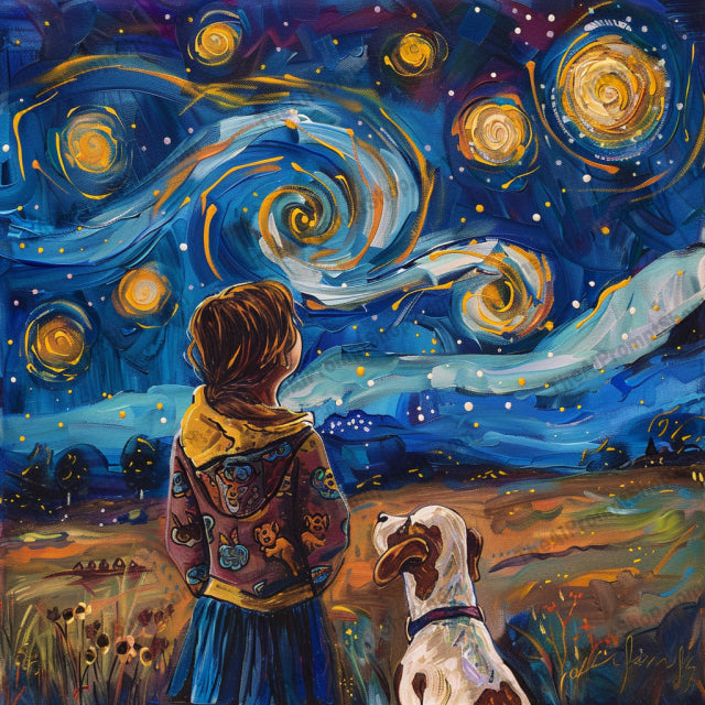 Starry Night Gazing AI MidJourney Image Prompt, 8824 Fantasy, midjourney, starry night, night sky, Van Gogh style, swirling sky, star gazing, night scene, blue and yellow, dreamy landscape, celestial, nighttime, painting, artwork, mesmerizing, luminous, atmospheric, romantic, children gazing, dog and child, couple on rooftop, star-filled sky, Midjourney, Ai, Ai Image Prompt, Image Prompt, Prompt