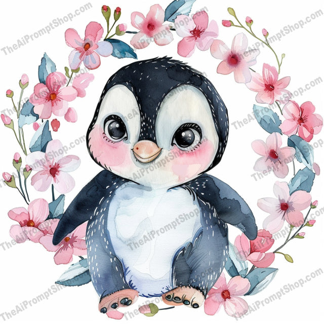 Adorable Woodland Friends AI MidJourney Image Prompt, 8025adorable, animal art, artistic, bunny, charming, cute, deer, delicate, floral wreath, fox, midjourney, nature, penguin, playful, soft colors, spring., watercolor, whimsical, woodland animals