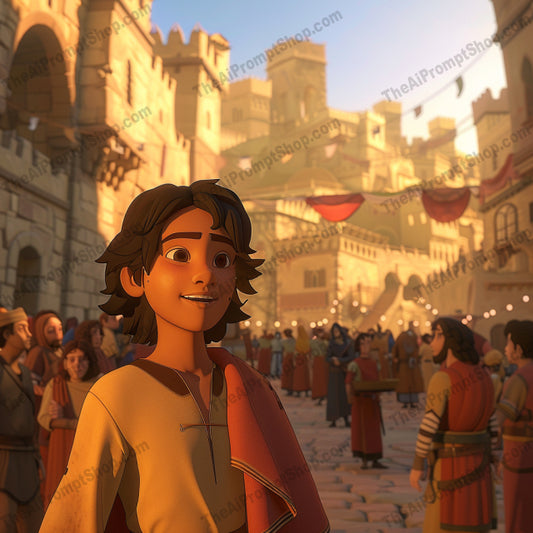 AI MidJourney Image Prompt, Timeless Tales of Yore, 51533D historical characters, Animated folklore, Animation, cartoon, Cultural storytelling, Enthralling narratives, Historical animation, Medieval town scene, midjourney, Past era exploration, Period piece illustration, Rich cultural backdrop, Traditional attire, Traditional garments