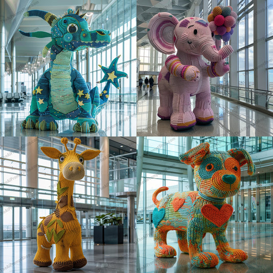 Colorful Crochet Animals in Modern Setting AI MidJourney Image Prompt, 9680 Storybook Illustrations, midjourney, crochet, animal art, handmade, dragon, elephant, giraffe, dog, colorful, whimsical, knitting, yarn art, craft, detailed patterns, modern backdrop, playful, creative, artwork, fiber art, contemporary art, decor, Midjourney, Ai, Ai Image Prompt, Image Prompt, Prompt