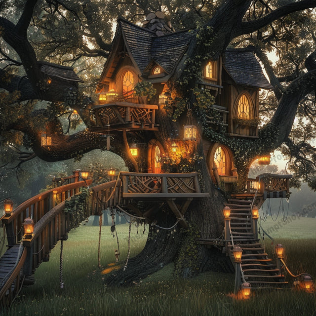 Enchanted Forest Retreat AI MidJourney Image Prompt, 8320Ai, Ai Image Prompt, cottage, dreamlike, enchanted, fairytale, Fantasy, forest, glow, greenery, house, illustration, Image Prompt, lake, lanterns, lush, magical, midjourney, nature, night, Prompt, retreat, scenic, serene, whimsical
