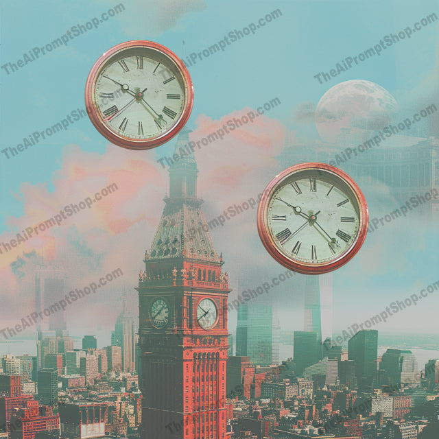 Dreamy Artistic Collage AI MidJourney Image Prompt, 8224abstractmidjourney, artistic, cityscape, clocks, creative, dreamlike, dreamy, ethereal, fantastical, floating books, forest, hands, imagery, imaginative, scenic, sea, serene, surrealism, visuals, whimsy