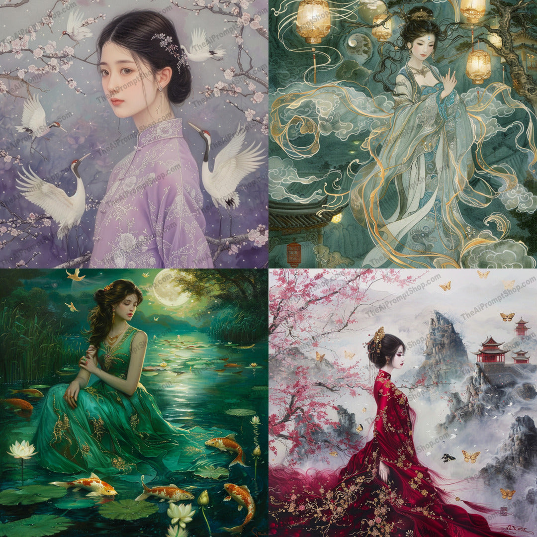 Serene Elegance AI MidJourney Image Prompt, 8795 Animals, midjourney, serene, elegance, ancient world, ethereal, delicate brushwork, vibrant colors, intricate details, mesmerizing, tranquil, soft robes, floral surroundings, wildlife, peaceful, beautiful, artistic, fantasy, historical, graceful, dreamy, mystical, Midjourney, Ai, Ai Image Prompt, Image Prompt, Prompt