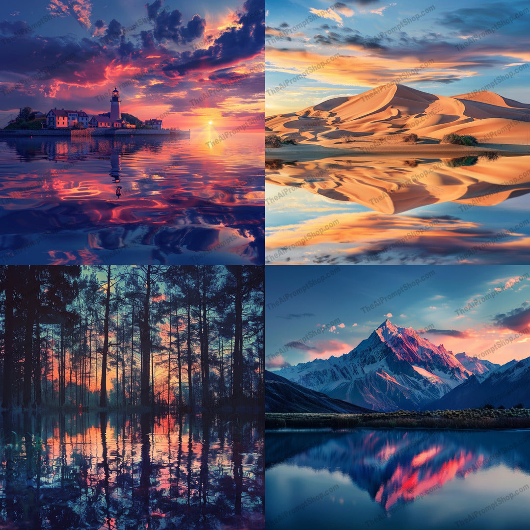 Reflective Nature Landscapes AI MidJourney Image Prompt, 9681 Landscapes & Paintings, midjourney, nature, landscape, reflection, serene, mountains, sand dunes, forest, tranquility, sunset, sunrise, water reflection, scenic view, natural beauty, outdoors, peaceful, calming, majestic, environment, wilderness, sky, clouds, Midjourney, Ai, Ai Image Prompt, Image Prompt, Prompt