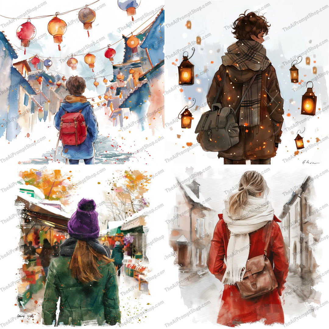 Back View of Travelers in Winter AI MidJourney Image Prompt, 8769 Animals, midjourney, travelers, winter, back view, winter fashion, scenic, exploration, lanterns, backpacks, winter coats, snow, cozy, scarf, beanie, outdoor market, street view, winter village, lanterns, artistic, beautiful, watercolor, Midjourney, Ai, Ai Image Prompt, Image Prompt, Prompt