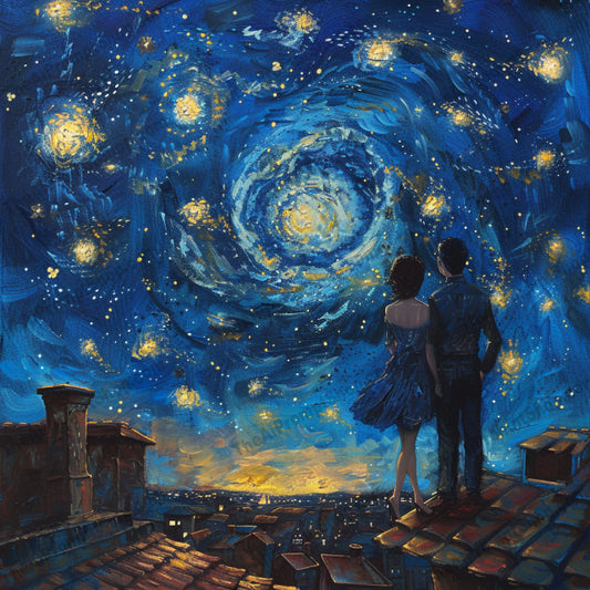 Starry Night Gazing AI MidJourney Image Prompt, 8824 Fantasy, midjourney, starry night, night sky, Van Gogh style, swirling sky, star gazing, night scene, blue and yellow, dreamy landscape, celestial, nighttime, painting, artwork, mesmerizing, luminous, atmospheric, romantic, children gazing, dog and child, couple on rooftop, star-filled sky, Midjourney, Ai, Ai Image Prompt, Image Prompt, Prompt