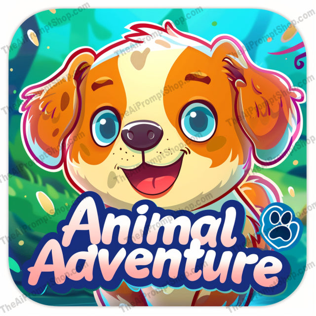 Cute Animal Adventure AI MidJourney Image Prompt, 8202adorable characters, adventure, animated, bright colors, cartoon style, children's games, cute animals, educational content, family-friendly, fun, jungle, kids entertainment, kitten, lion, monkey, playful, puppy, typography, vibrant, whimsicalmidjourney