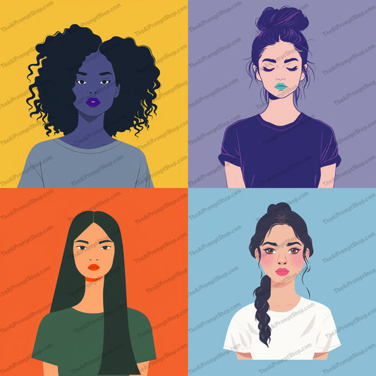 Modern Portrait Illustrations AI MidJourney Image Prompt, 9312 Portraits & People, midjourney, modern, portrait, illustrations, contemporary, hairstyles, bold colors, minimalist, trendy, fashion, graphic design, digital art, youthful, stylish, vibrant, cool, aesthetic, hair, clothing, artwork, creative, Midjourney, Ai, Ai Image Prompt, Image Prompt, Prompt