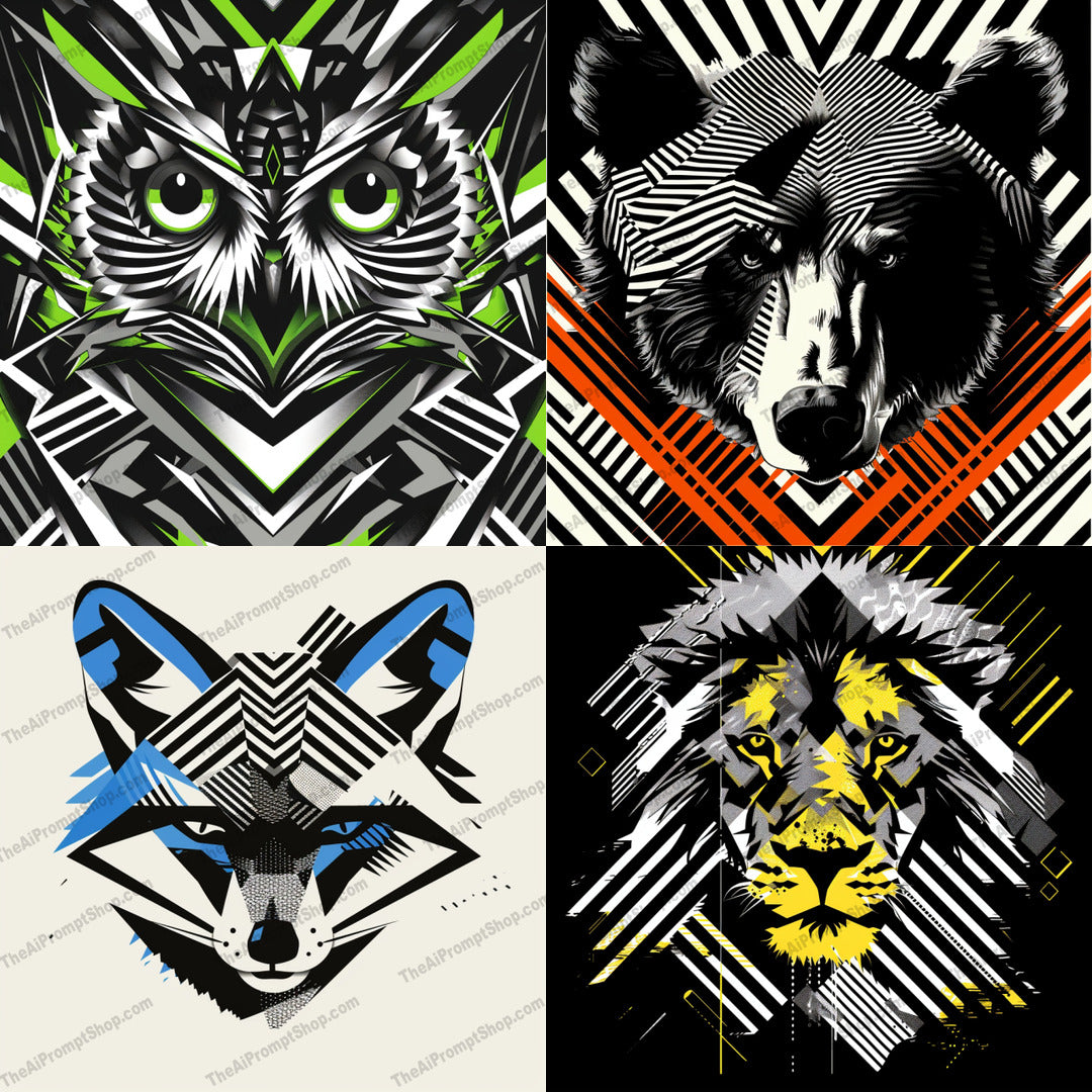Geometric Animal Portrait AI MidJourney Image Prompt, 9630 Character Art, midjourney, geometric, animal, portrait, modern, dynamic, bold lines, vibrant colors, artistic, contemporary, graphic, design, wildlife, stylized, abstract, decorative, illustration, pattern, creative, eye-catching, visual, Midjourney, Ai, Ai Image Prompt, Image Prompt, Prompt