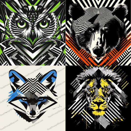 Geometric Animal Portrait AI MidJourney Image Prompt, 9630 Character Art, midjourney, geometric, animal, portrait, modern, dynamic, bold lines, vibrant colors, artistic, contemporary, graphic, design, wildlife, stylized, abstract, decorative, illustration, pattern, creative, eye-catching, visual, Midjourney, Ai, Ai Image Prompt, Image Prompt, Prompt