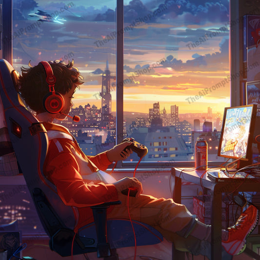 Tranquil Digital Escapes AI MidJourney Image Prompt, 8349Ai, Ai Image Prompt, Animation & Cartoons, comfort, cozy, digital art, digital devices, escapism, headphones, home decor, Image Prompt, immersive, midjourney, nature, peaceful, personal time, Prompt, reflective, relaxation, serene, study environment, sunset, technology, tranquil, virtual world, warm colors