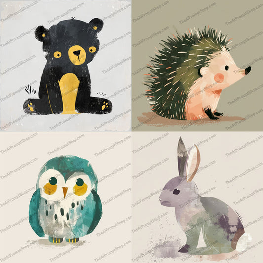Whimsical Animal Illustrations AI MidJourney Image Prompt, 9330 Animals, midjourney, whimsical, animal illustrations, playful art, cute bear, hedgehog, adorable owl, serene rabbit, children's art, animal characters, soft colors, unique textures, illustrated animals, artistic animals, cartoon style, storybook characters, animal friends, nature, animal art, digital painting, charming animals, Midjourney, Ai, Ai Image Prompt, Image Prompt, Prompt