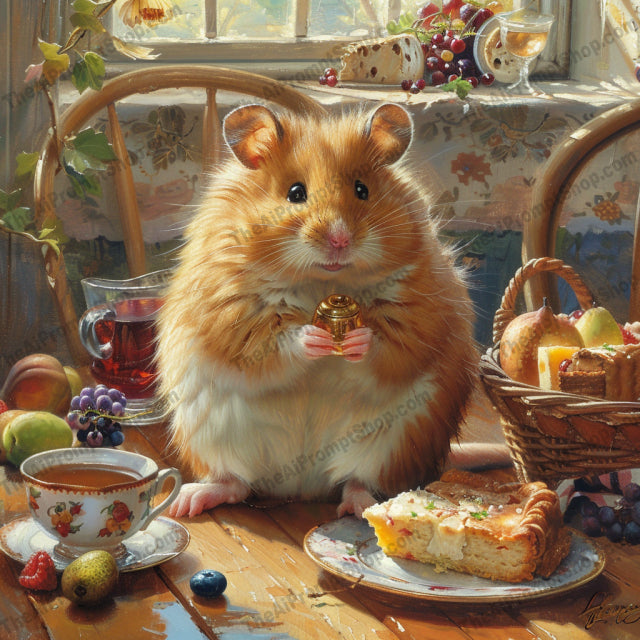 Cozy Pet Tea Time AI MidJourney Image Prompt, 8048animal illustration, animal lovers art, animal tea party, bunny garden party, corgi by fireplace, cottagecore pets, country style pets, cozy living decor, cozy pet tea time, cute animal painting, elegant animal scene, fireside pets, floral animal scene, hamster tea time, luxury pets, midjourney, pet art collection, pet lovers decor, pet portrait, regal cat, tea party pets, vintage style pets, whimsical animal art