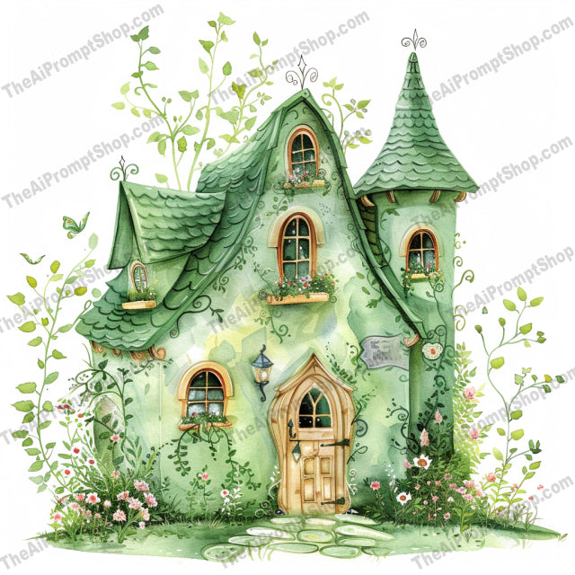 Whimsical Fairy Tale Houses AI MidJourney Image Prompt, 9653 Fantasy, midjourney, whimsical, fairy tale, house, illustration, storybook, magical, enchanted, fantasy, architecture, flowers, greenery, charming, detailed, art, fantastical, dreamlike, imaginative, creative, lush, vibrant, Midjourney, Ai, Ai Image Prompt, Image Prompt, Prompt