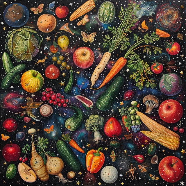 Colorful Cosmic Illustrations AI MidJourney Image Prompt, 9346 Food, midjourney, cosmic, colorful, whimsical, flora, fauna, musical instruments, geometric shapes, starry background, vibrant, fantastical, planets, astronomy, space, animals, fruits, vegetables, birds, elephants, butterflies, patterns, Midjourney, Ai, Ai Image Prompt, Image Prompt, Prompt