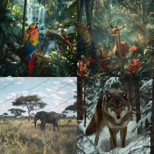 Jungle and Wildlife Scene AI MidJourney Image Prompt, 9426 Animals, midjourney, wildlife, jungle, forest, animals, nature, tropical, parrot, deer, elephant, wolf, landscape, foliage, flora, fauna, serenity, natural beauty, wilderness, habitat, explore, adventure, Midjourney, Ai, Ai Image Prompt, Image Prompt, Prompt
