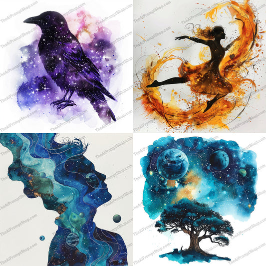 Stellar Dreamscapes AI MidJourney Image Prompt, 8841 Fantasy, midjourney, cosmic, stars, ethereal, dreamy, sky, celestial, interstellar, surreal, cosmos, abstract, space, galaxy, natural, trees, silhouettes, night, universe, colors, universes, wildlife, Midjourney, Ai, Ai Image Prompt, Image Prompt, Prompt