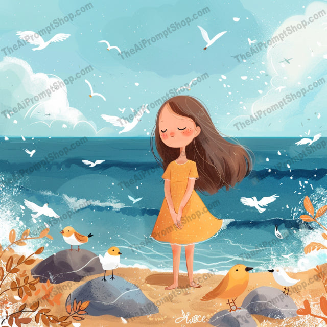 AI MidJourney Image Prompt, Seashore Serenity Collection, 4949chat gpt, chat gpt prompts, chatgpt, chatgpt prompts, Coastal dreams, Marine adventure, midjourney, Oceanic tranquility, Rocky beach, Sandy walks, Seagull companions, Seaside escapades, Serene seashore, Storybook Illustrations, Sunset silhouettes, Whimsical beach day
