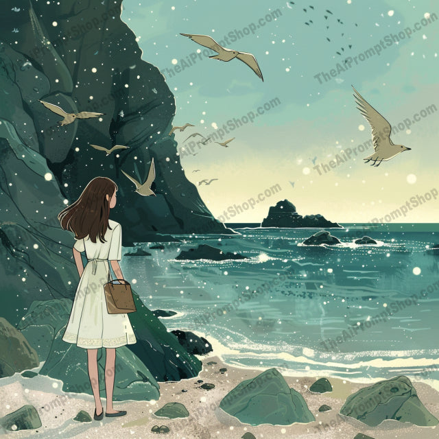 AI MidJourney Image Prompt, Seashore Serenity Collection, 4949chat gpt, chat gpt prompts, chatgpt, chatgpt prompts, Coastal dreams, Marine adventure, midjourney, Oceanic tranquility, Rocky beach, Sandy walks, Seagull companions, Seaside escapades, Serene seashore, Storybook Illustrations, Sunset silhouettes, Whimsical beach day