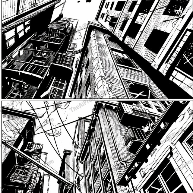 Black and White Comic Art AI MidJourney Image Prompt, 8816 Isometrics & Icons, midjourney, black and white, comic art, urban, cityscape, jungle, nature, street market, lanterns, buildings, skyscrapers, alleyways, architecture, illustration, graphic novel, artistic, detailed, contrast, monochrome, scene, environment, Midjourney, Ai, Ai Image Prompt, Image Prompt, Prompt
