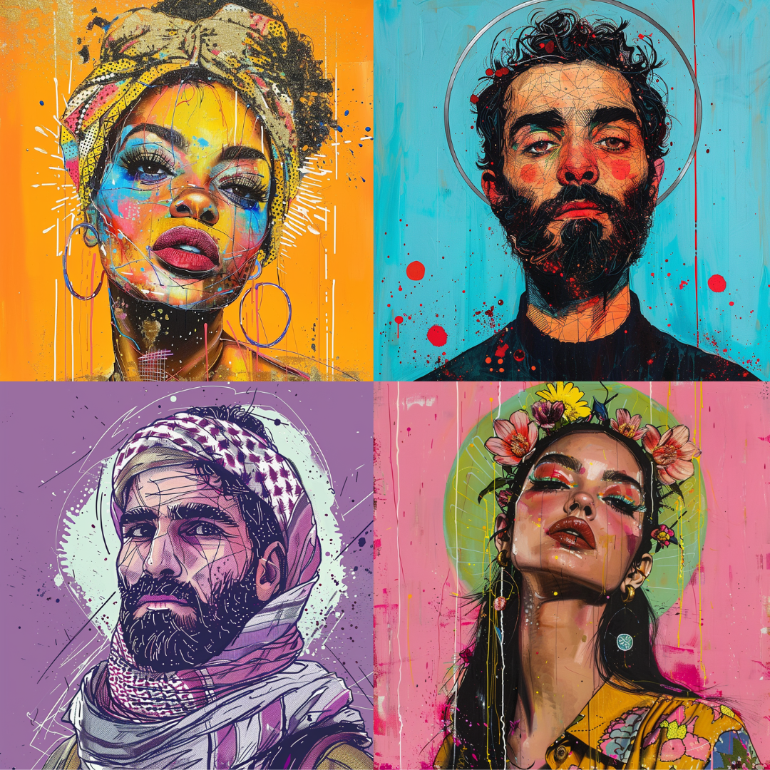 Vibrant Urban Portraits AI MidJourney Image Prompt, 8044AI image prompts, artistic exploration, artistic inspiration, colorful designs, contemporary art, creative inspiration, creative prompts, diverse faces, graffiti style, impactful design, midjourney, modern illustrations, modern portraiture, powerful visuals, street art, street culture, urban aesthetics, urban art, urban portraits, vibrant art, vibrant expressions