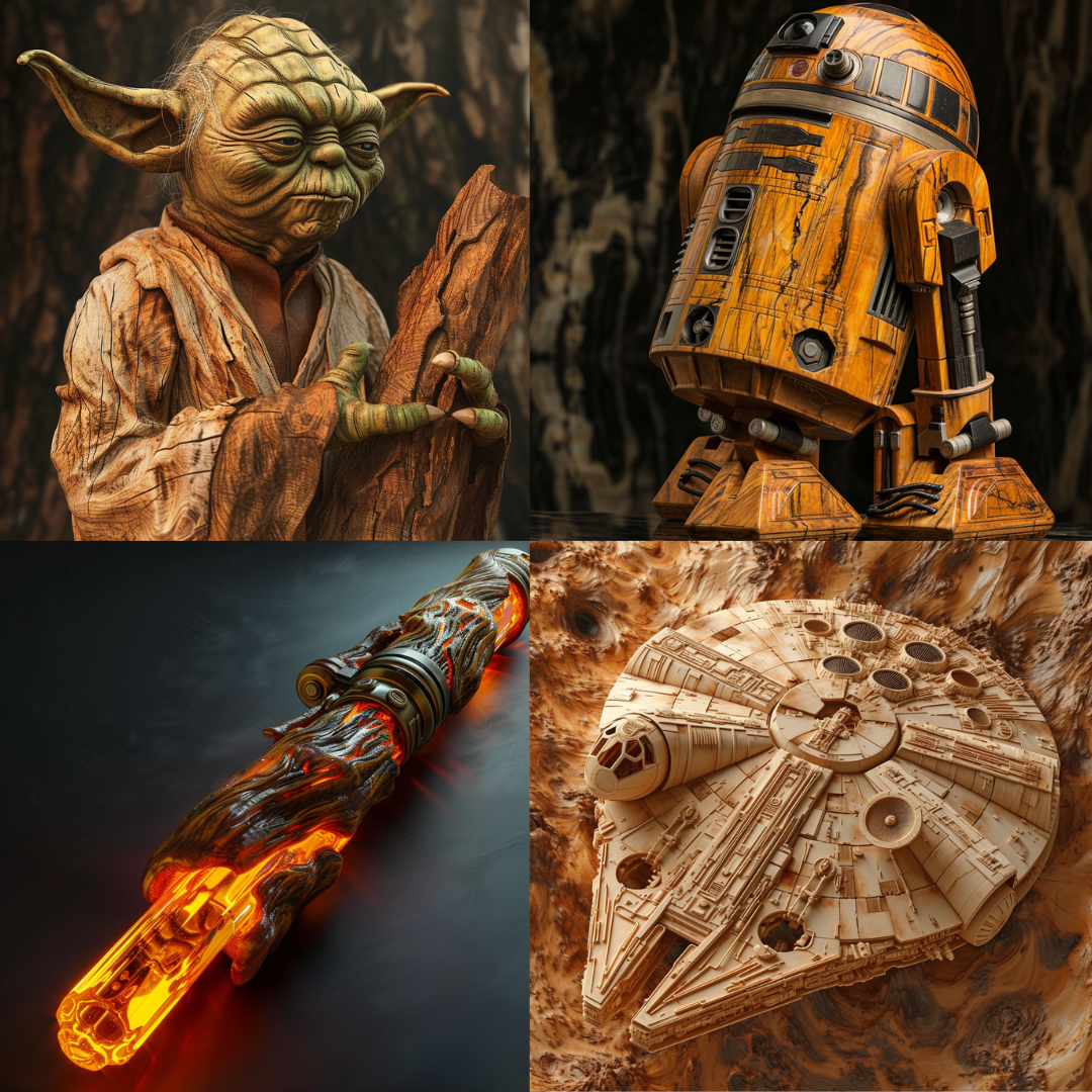 Galactic Woodwork Artistry AI MidJourney Image Prompt, Character Art, 4198Artisan craftsmanship, Carved figures, chat gpt, chat gpt prompts, chatgpt, chatgpt prompts, Collectible art, Futuristic models, Hand-carved collectibles, Intricate etchings, midjourney, Organic material, Sci-fi memorabilia, Sci-fi sculptures, Space opera icons, Spacecraft reliefs, Themed wood carving, Timber art, Wood grain detail, Wooden textures